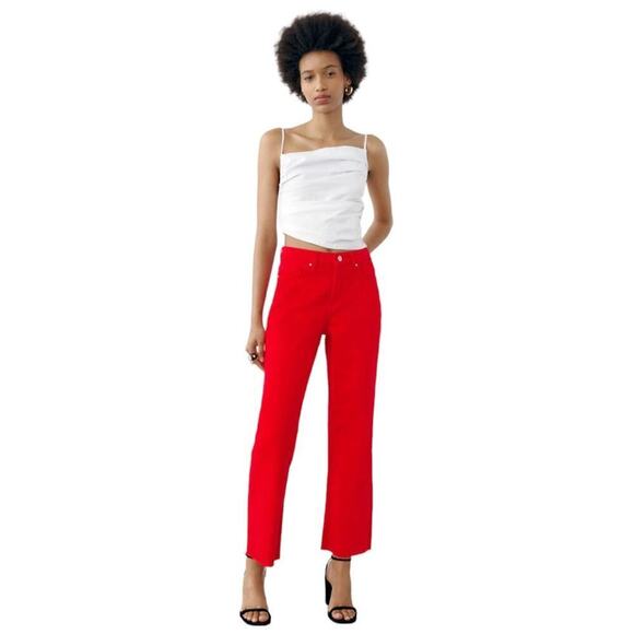 ZARA Z1975 HIGH RISE STRAIGHT LEG RED DENIM JEANS 6147/080 SIZE 4 - Picture 1 of 15